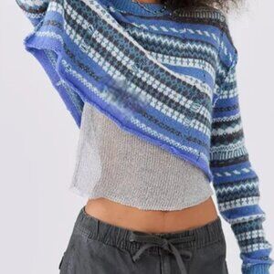 Urban Outfitters BDG Multi-Blue White Pattern Distress Crop Long Sleeve Sweater